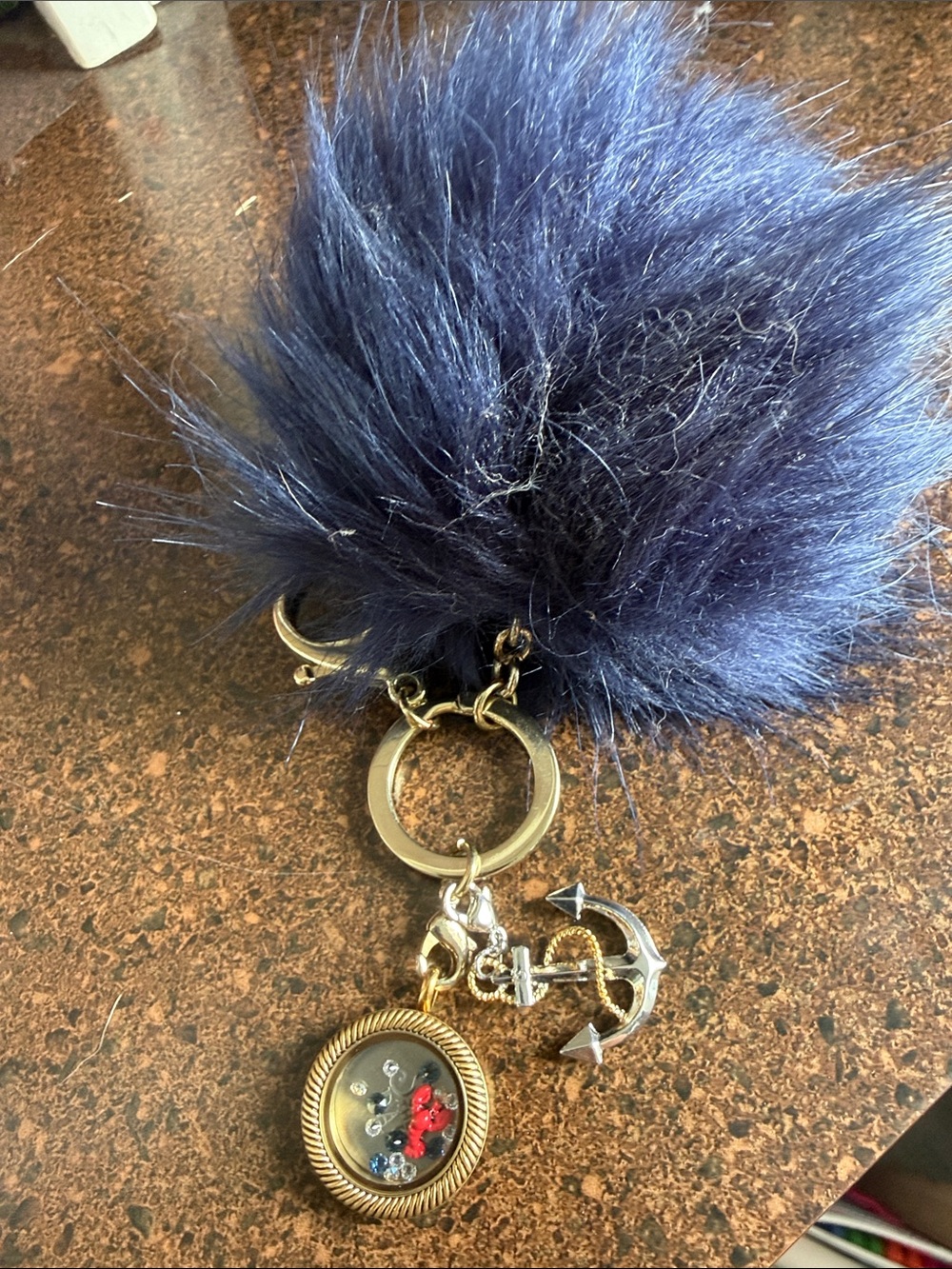 Origami Owl Navy Fur Pom Keychain with Anchor & Charm Locket